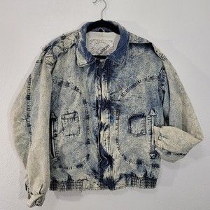 Vintage Acid Wash Jean Jacket Sz L Expeditions Denim Coat 80s Style Bomber Retro